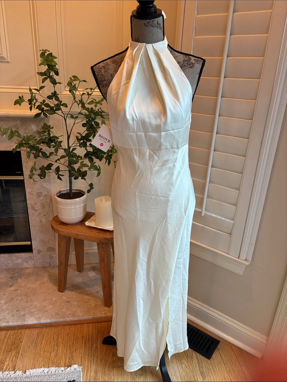 2026 Summer Satin Halter Neck Backless Slit Midi Dresses Elegant Cowl Back Ruche